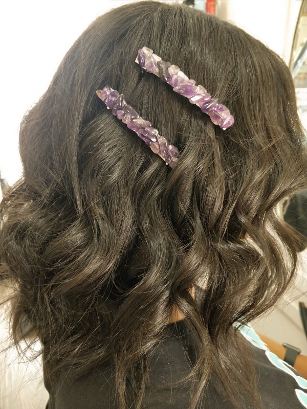 amethyst crystal barrette clip in dark hair