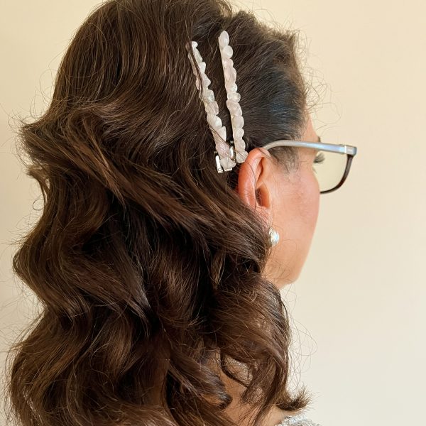 crystal rose quartz hair clips in lovely waved hair style